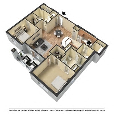 Floor plan for 2 beds, 2 baths, 1162 sqft
